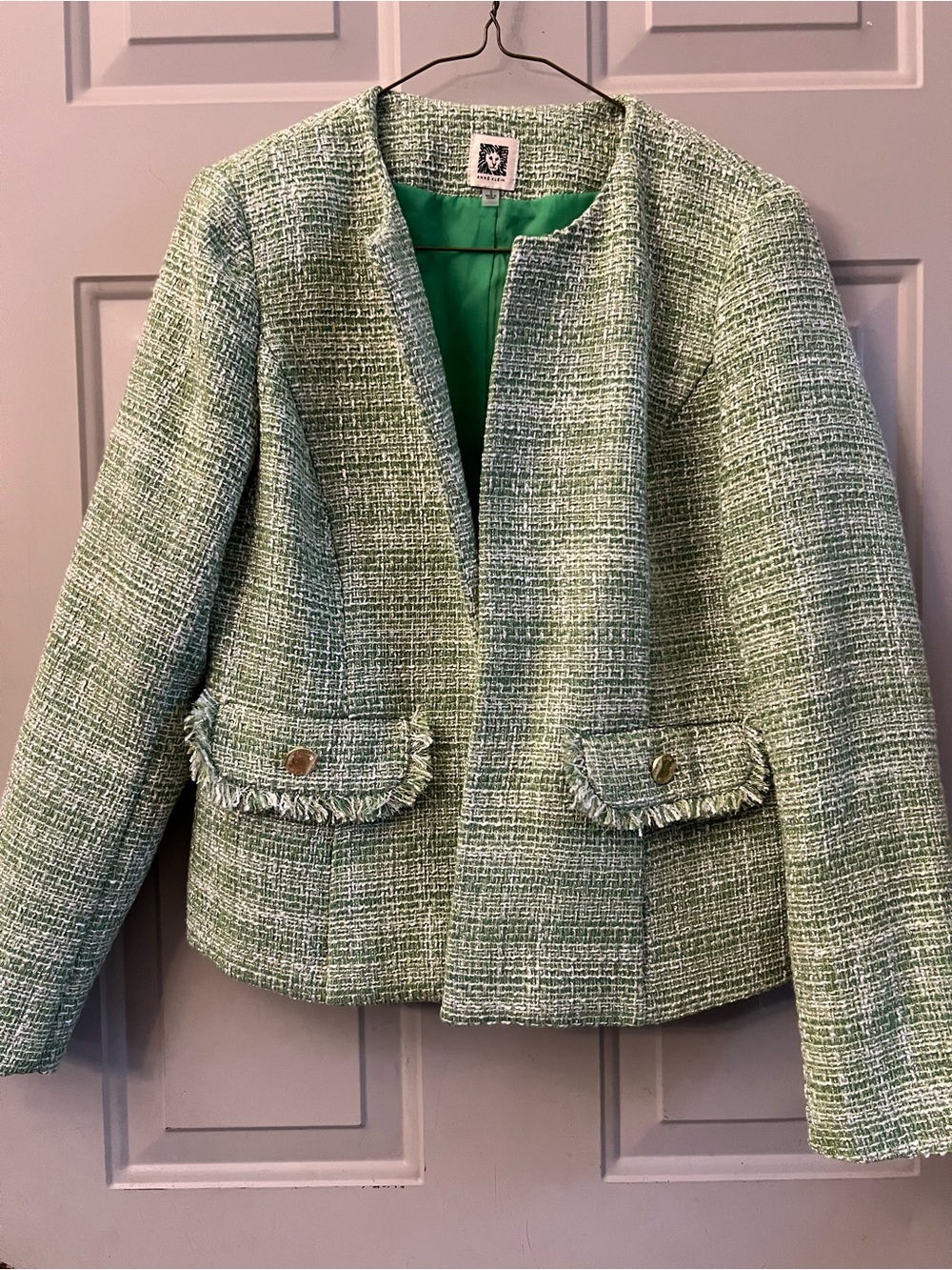 Anne Klein Green Tweed Collarless Jacket Size S